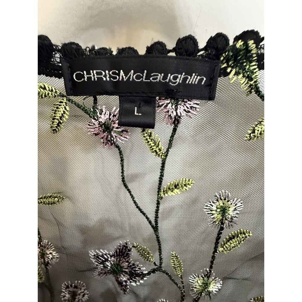chris mclaughlin Floral Embroidered Sheer Black Kimono Top Large 3/4 Bell Sleeve - Picture 2 of 12